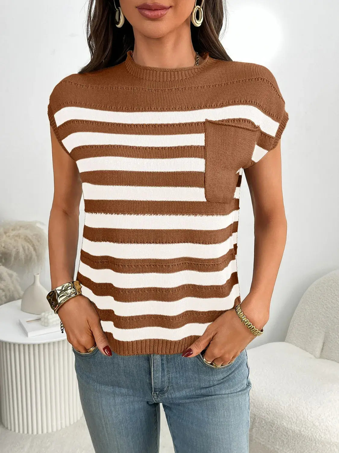 Striped Mock Neck Cap Sleeve Knit Top - Trendsi - Flyclothing LLC