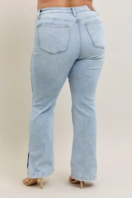 Judy Blue Full Size Tummy Control Vintage Wash Side Slit Slim Boot Jeans Plus Size - Trendsi - Flyclothing LLC