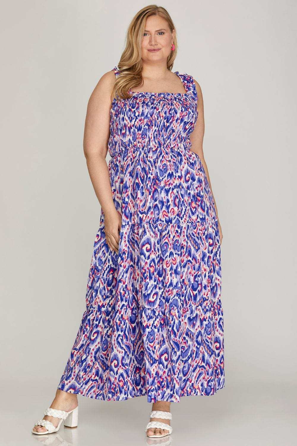 She + Sky Full Size Smocked Printed Wide Strap Tiered Dress Plus Size - Trendsi - Flyclothing LLC