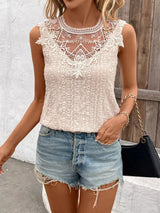 Lace Detail Eyelet Round Neck Tank - Trendsi - Flyclothing LLC