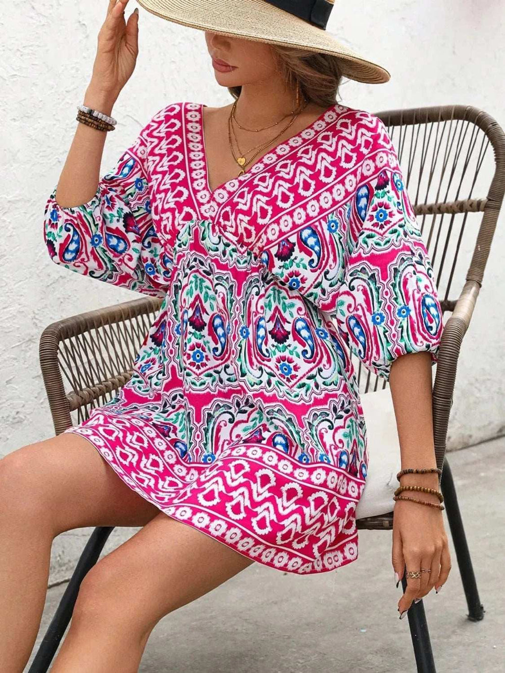 Printed Tie Back Half Sleeve Mini Dress - Trendsi - Flyclothing LLC