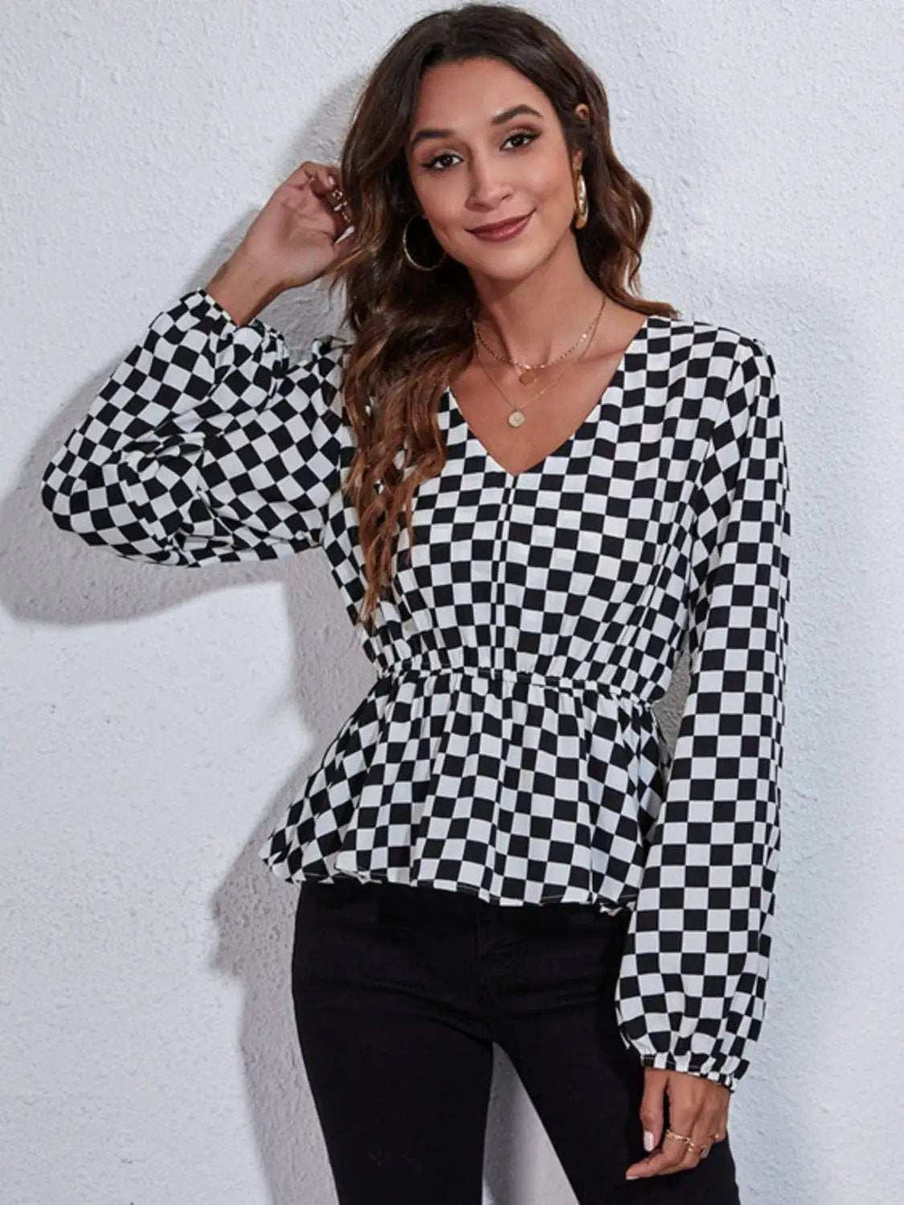 Ruched Printed V-Neck Long Sleeve Blouse - Trendsi - Flyclothing LLC