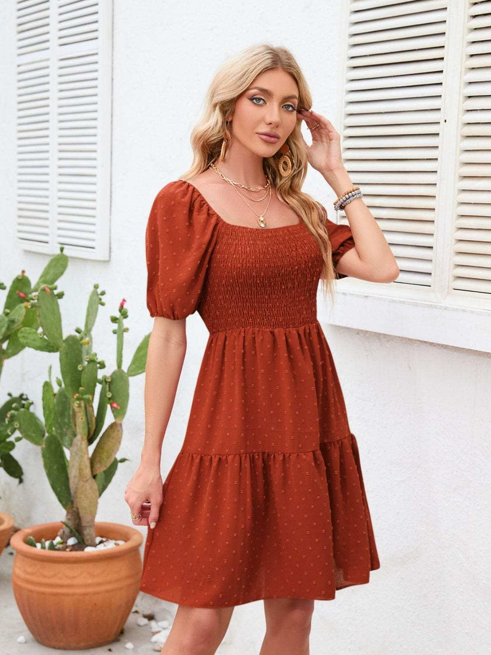 Swiss Dot Smocked Square Neck Dress - Trendsi - Flyclothing LLC