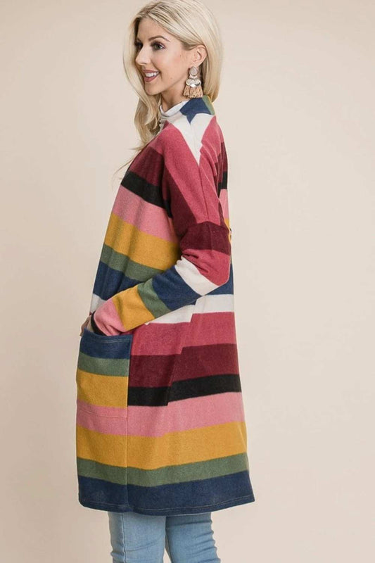 BOMBOM Color Block Striped Open Front Cardigan - Trendsi - Flyclothing LLC