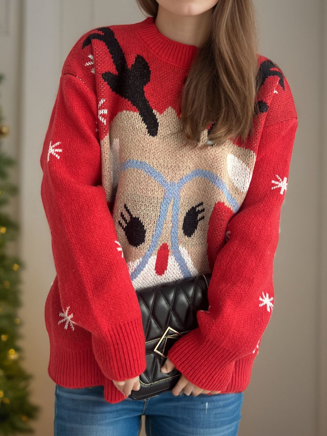 Reindeer Round Neck Dropped Shoulder Sweater - Trendsi