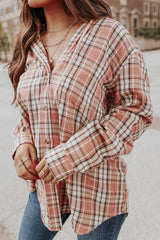 Drawstring Plaid Hooded Long Sleeve Shirt - Trendsi