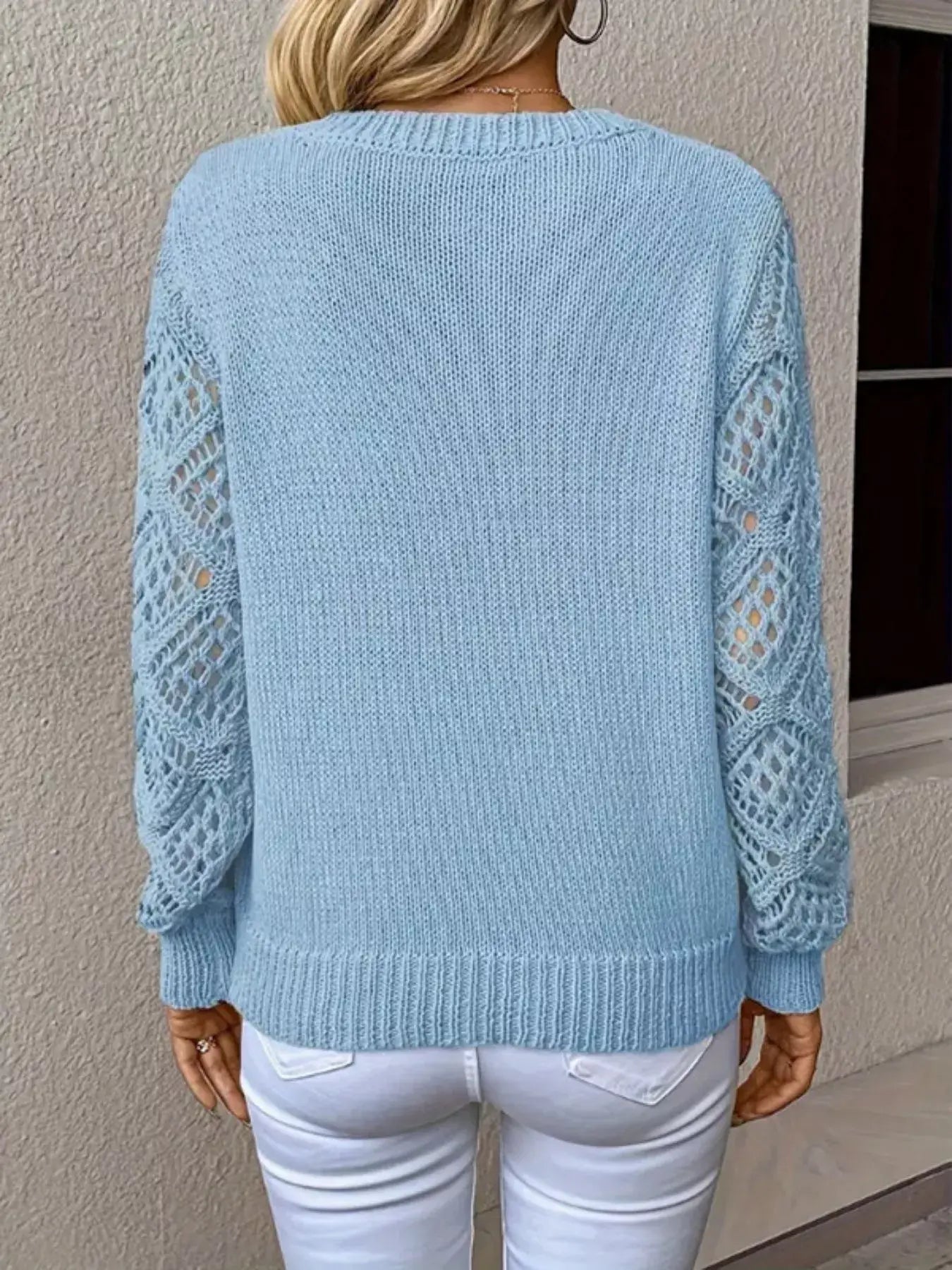 V-Neck Crochet Sleeve Sweater - Trendsi - Flyclothing LLC