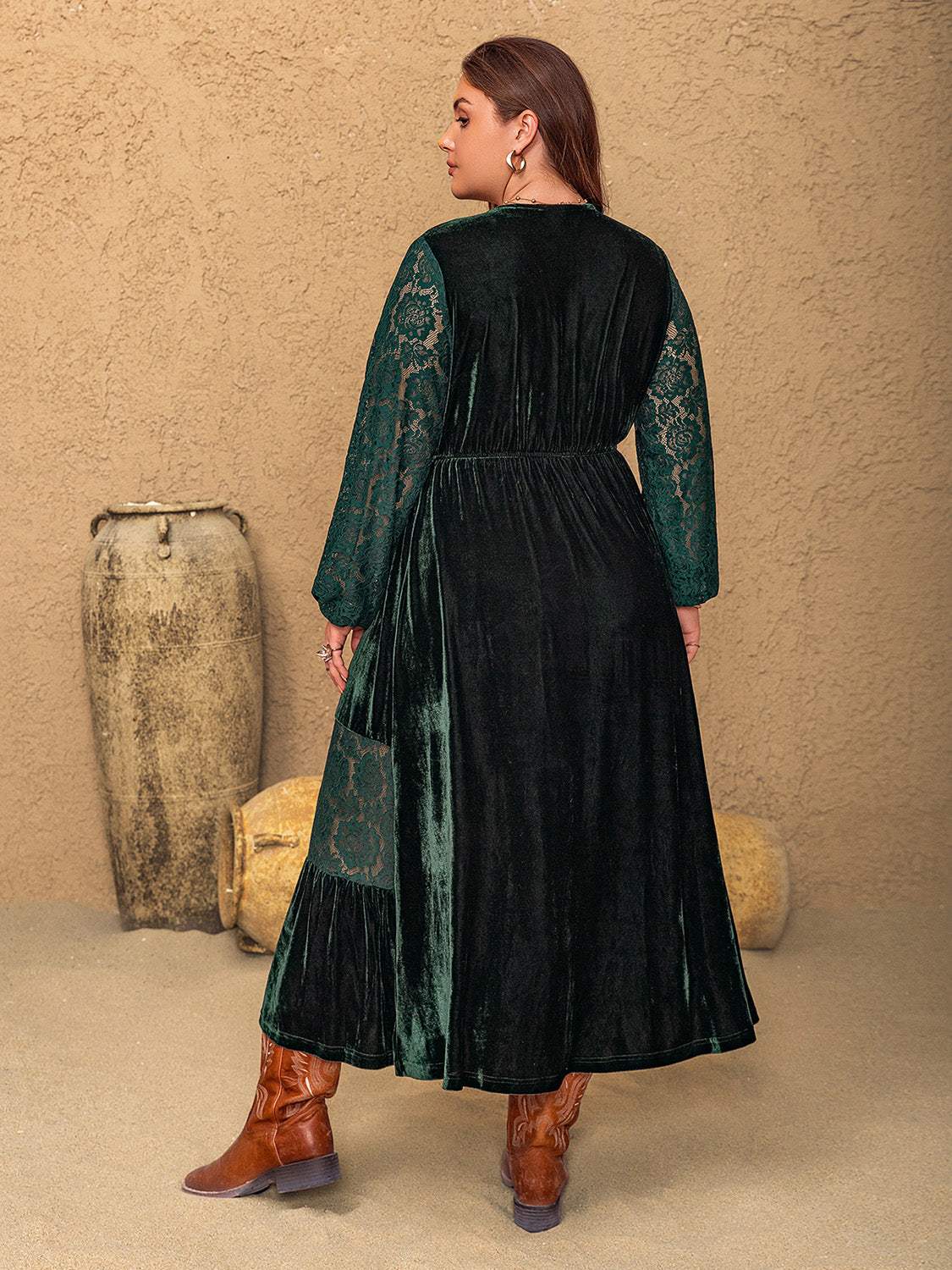 Plus Size Lace Patchwork V-Neck Balloon Sleeve Midi Dress - Trendsi - Flyclothing LLC
