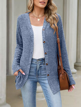 Ribbed Knit Hooded Button-Down Cardigan - Trendsi - Flyclothing LLC