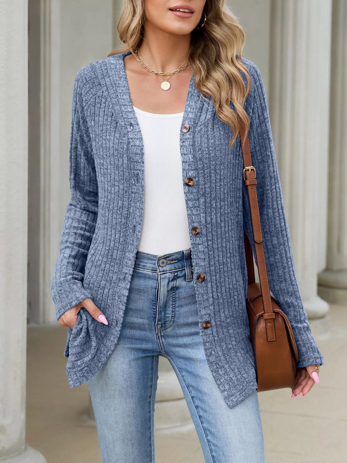 Ribbed Knit Hooded Button-Down Cardigan - Trendsi - Flyclothing LLC