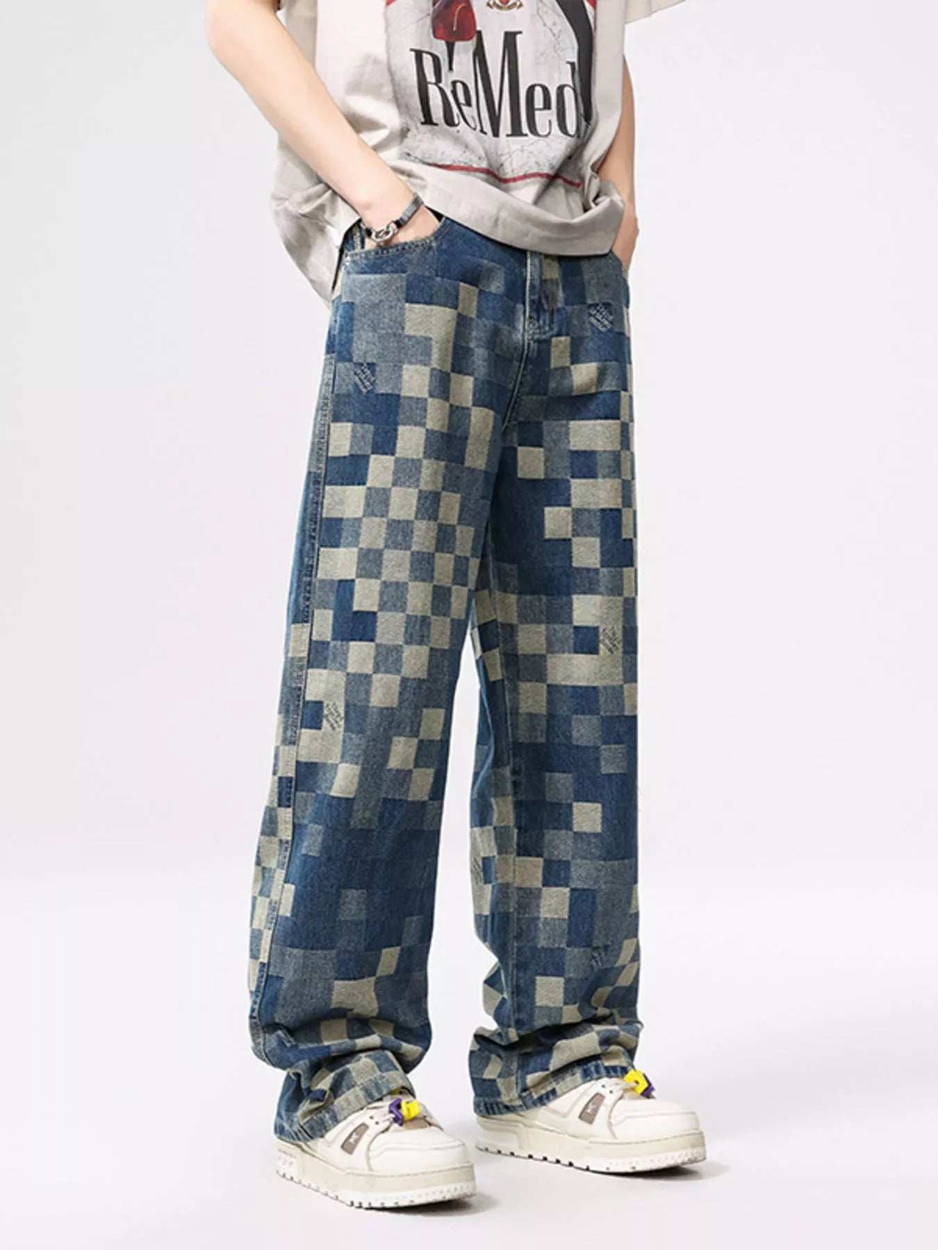 Men's Checkered Wide Leg Jeans - Trendsi - Flyclothing LLC