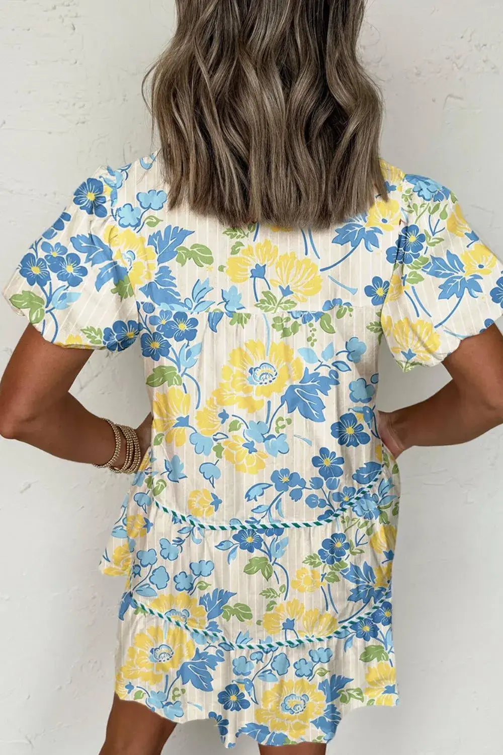 Floral Striped Trim Puff Short Sleeve Dress - Trendsi - Flyclothing LLC