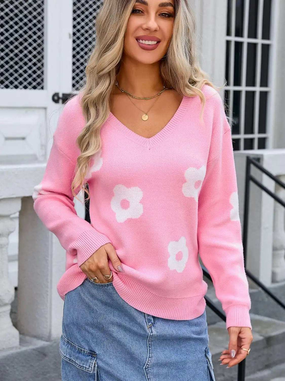 Flower V-Neck Long Sleeve Sweater - Trendsi - Flyclothing LLC