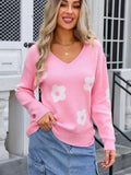 Flower V-Neck Long Sleeve Sweater - Trendsi