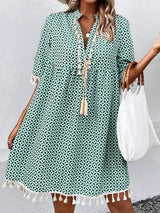 Tassel Printed Notched Half Sleeve Mini Dress - Trendsi - Flyclothing LLC