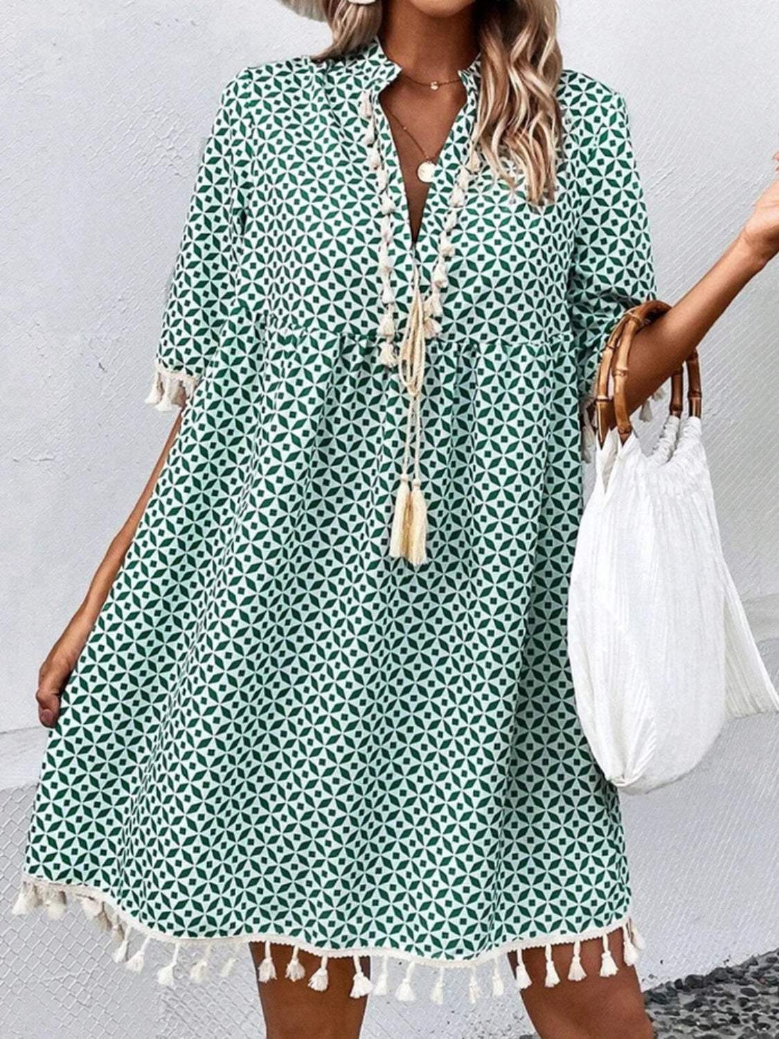 Tassel Printed Notched Half Sleeve Mini Dress - Trendsi - Flyclothing LLC