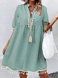 Tassel Printed Notched Half Sleeve Mini Dress - Trendsi