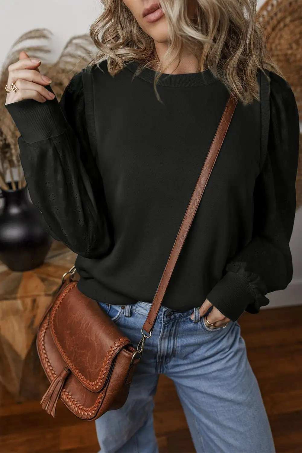 Eyelet Round Neck Long Sleeve Sweatshirt - Trendsi - Flyclothing LLC