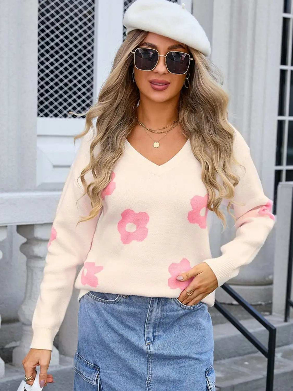 Flower V-Neck Long Sleeve Sweater - Trendsi - Flyclothing LLC