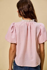 SO ME Gingham Lace Trim Button Bubble Sleeves Blouse - Trendsi - Flyclothing LLC