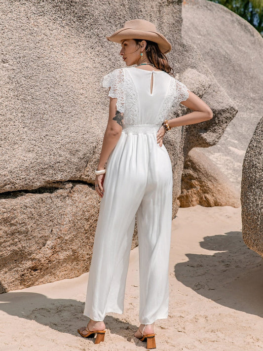 Lace Detail Plunge Cap Sleeve Jumpsuit - Trendsi