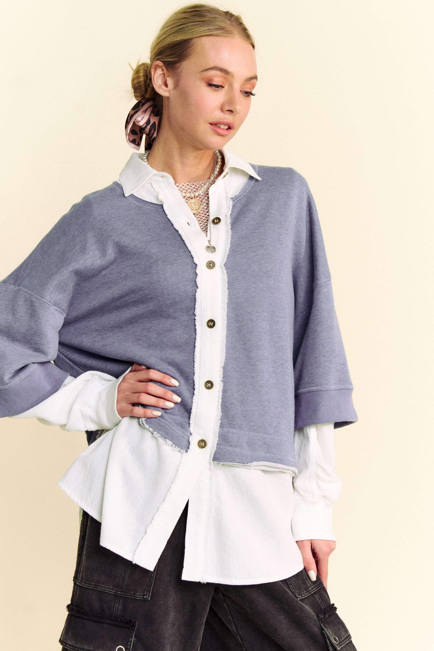Davi & Dani Faux Layered French Terry Contrast Top - Trendsi - Flyclothing LLC