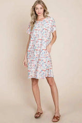 BOMBOM Printed Round Neck Short Sleeve Tee Dress - Trendsi - Flyclothing LLC