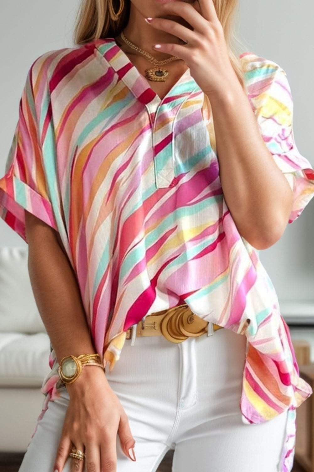 Color Block V-Neck Half Sleeve Blouse - Trendsi - Flyclothing LLC