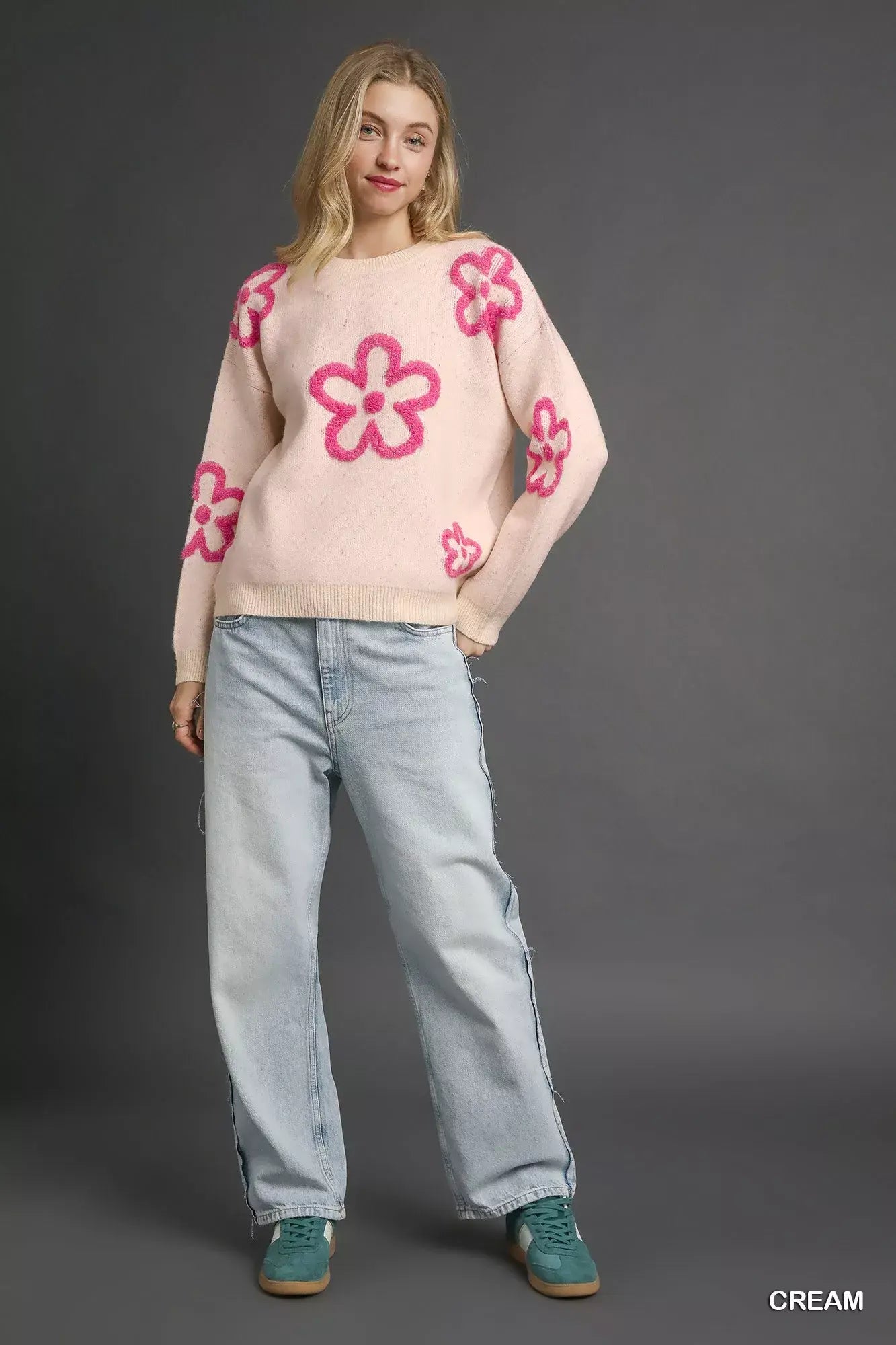 Umgee Round Neck Sweater with Pink Floral Accents - Trendsi - Flyclothing LLC