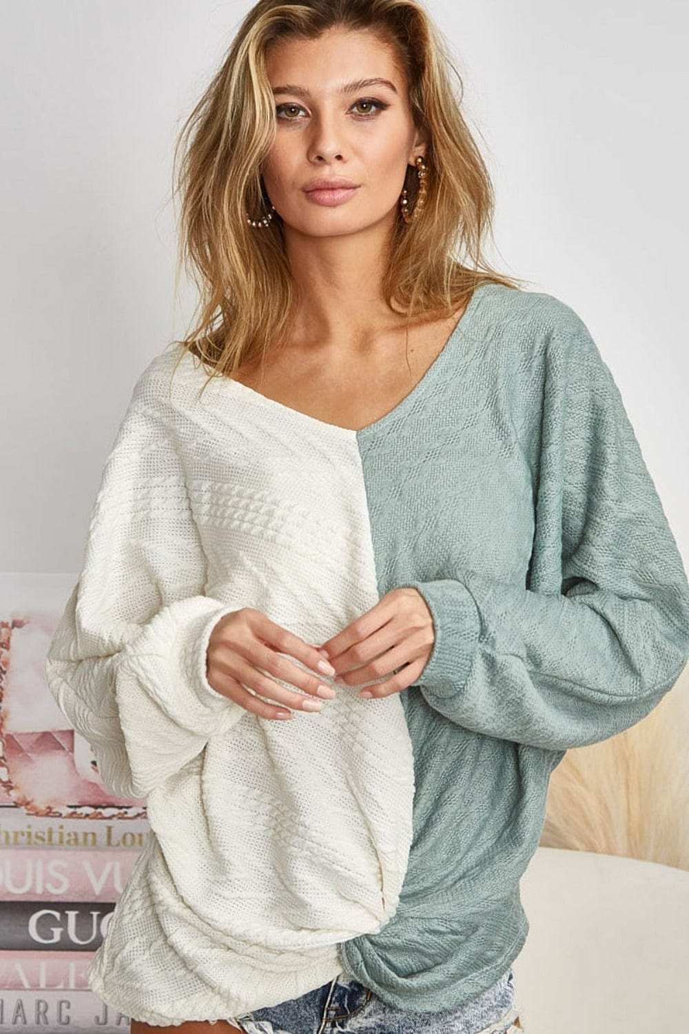 BiBi Twist Front Contrast Cable Knit Top - Trendsi - Flyclothing LLC
