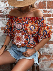 Printed Off-Shoulder Half Sleeve Blouse - Trendsi