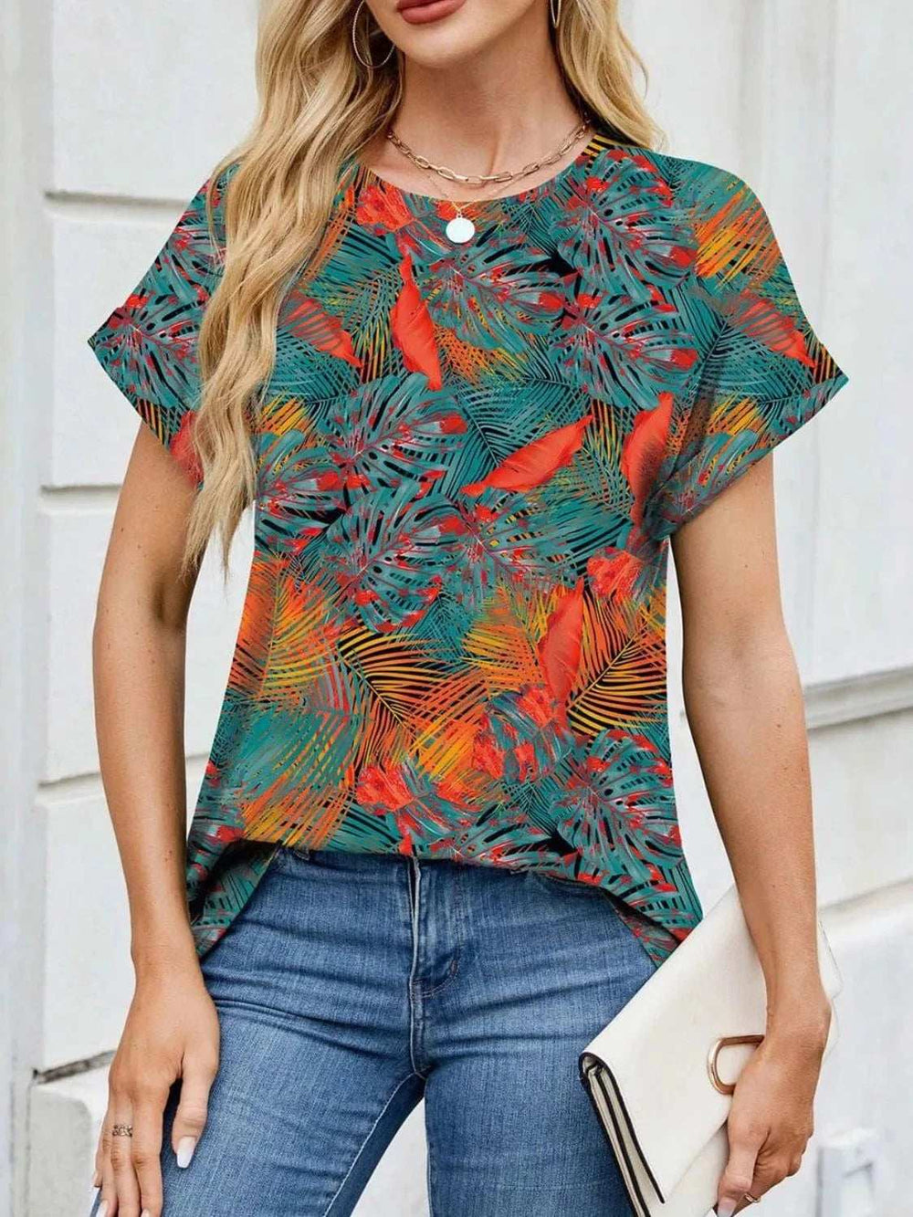 Printed Round Neck Short Sleeve Top - Trendsi - Flyclothing LLC