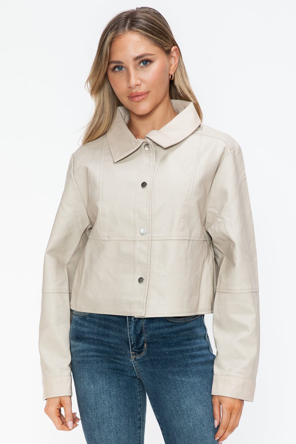 Snobbish Snap Down Long Sleeve PU Leather Jacket - Trendsi