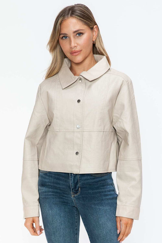 Snobbish Snap Down Long Sleeve PU Leather Jacket - Trendsi - Flyclothing LLC