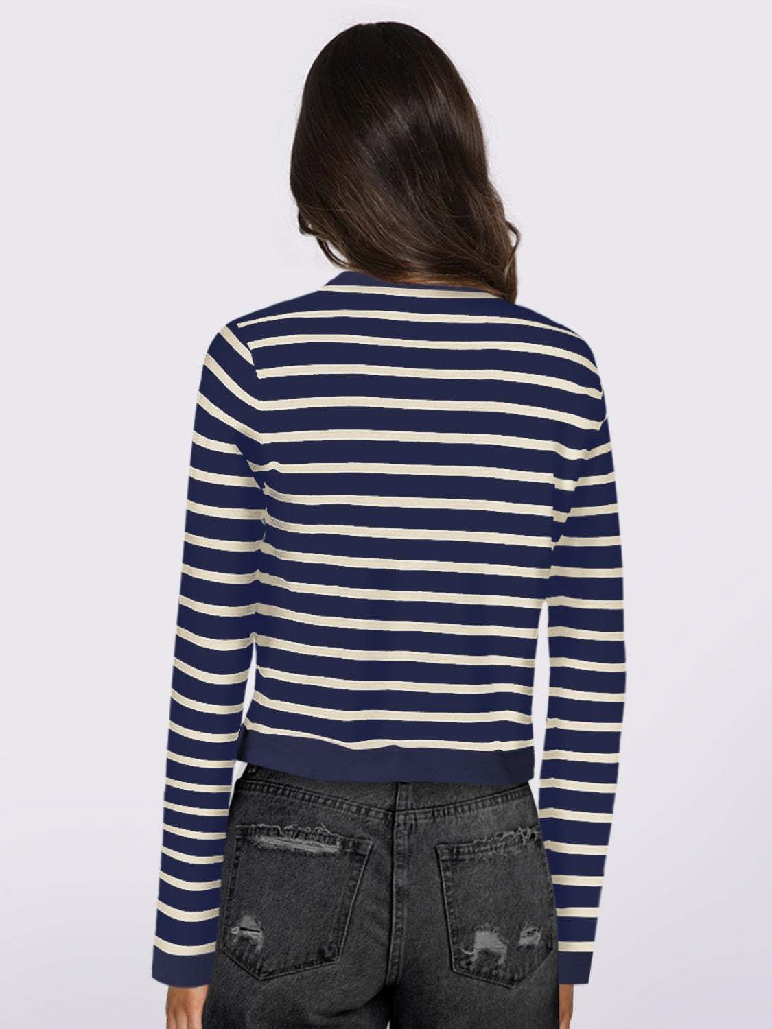 Striped Round Neck Button Up Long Sleeve Cardigan - Trendsi - Flyclothing LLC