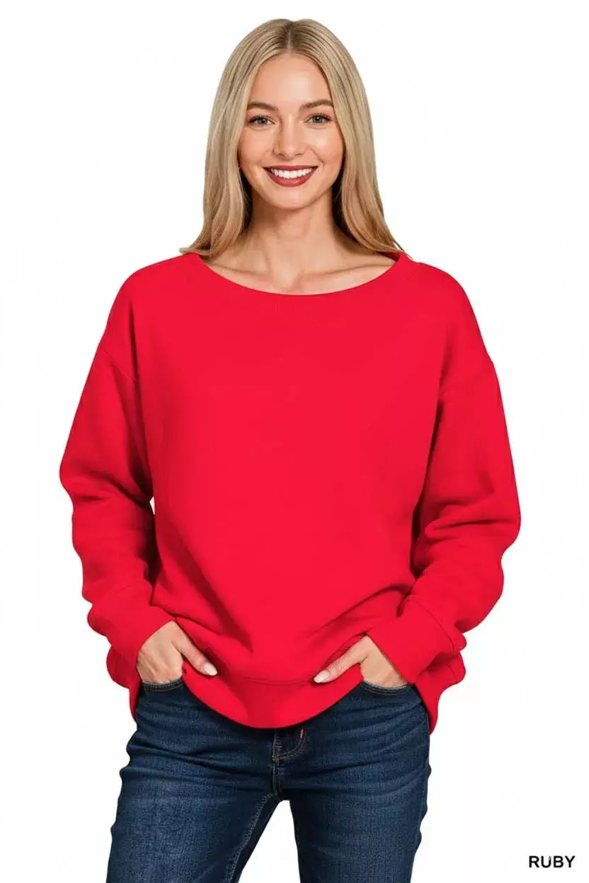 Zenana Fleece Boat Neck Sweatshirt - Trendsi - Flyclothing LLC
