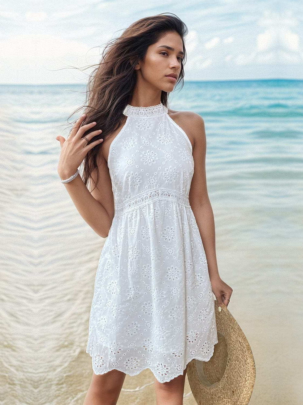 Eyelet Grecian Neck Mini Dress - Trendsi - Flyclothing LLC