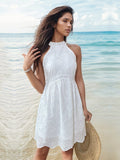 Eyelet Grecian Neck Mini Dress - Trendsi