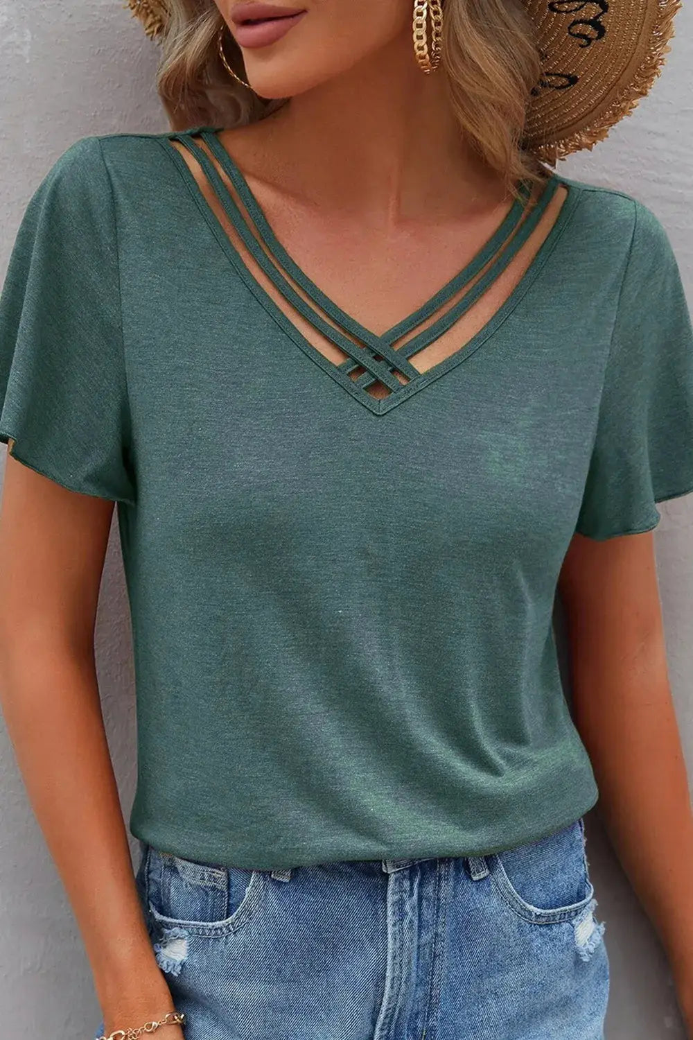 V-Neck Short Sleeve T-Shirt - Trendsi - Flyclothing LLC
