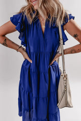Ruffled Short Sleeve Collared V Neck Tiered Midi Dress - Trendsi - Flyclothing LLC