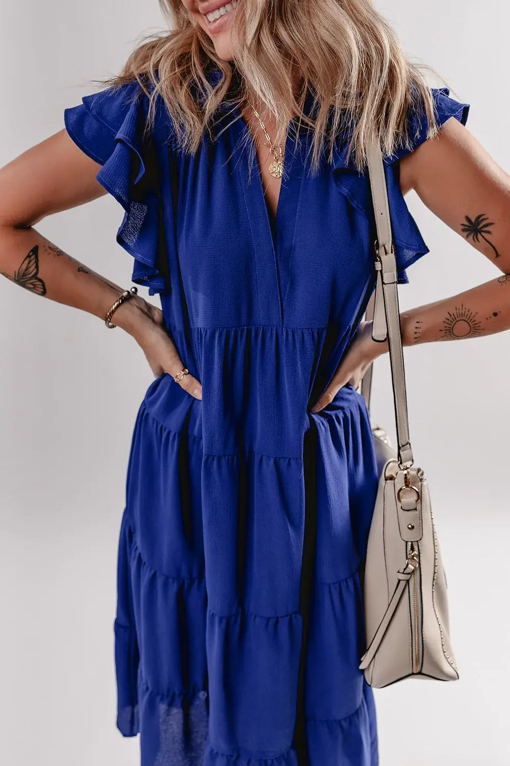 Ruffled Short Sleeve Collared V Neck Tiered Midi Dress - Trendsi - Flyclothing LLC