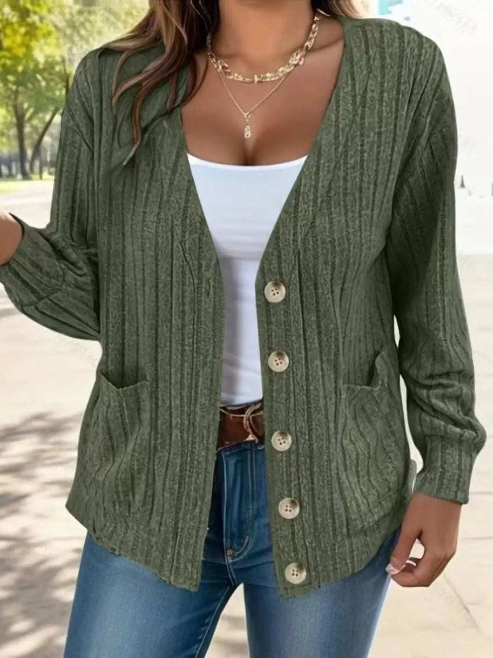 Full Size Button Up V-Neck Long Sleeve Cardigan - Trendsi - Flyclothing LLC