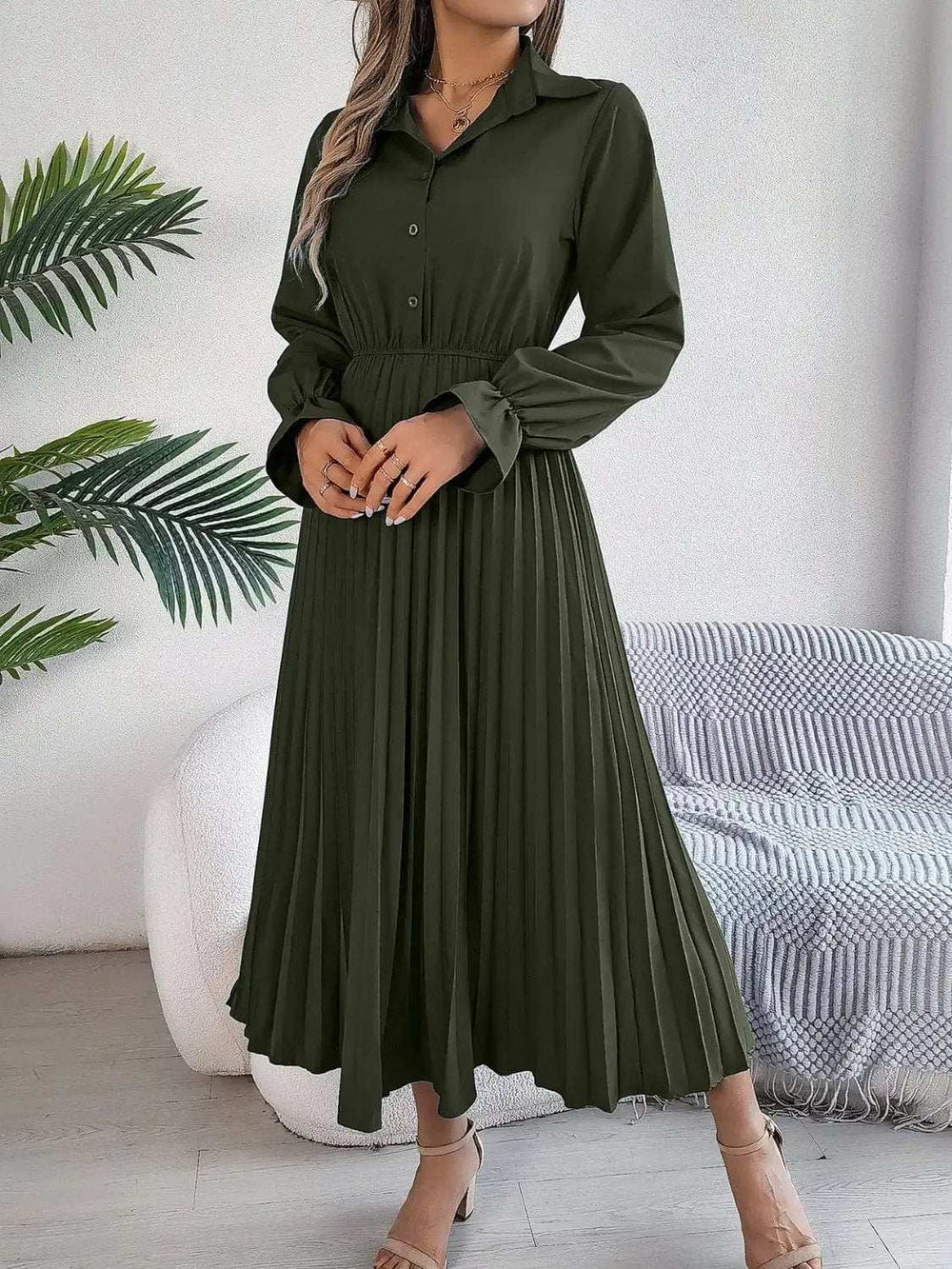Pleated Half Button Long Sleeve Midi Dress - Trendsi - Flyclothing LLC