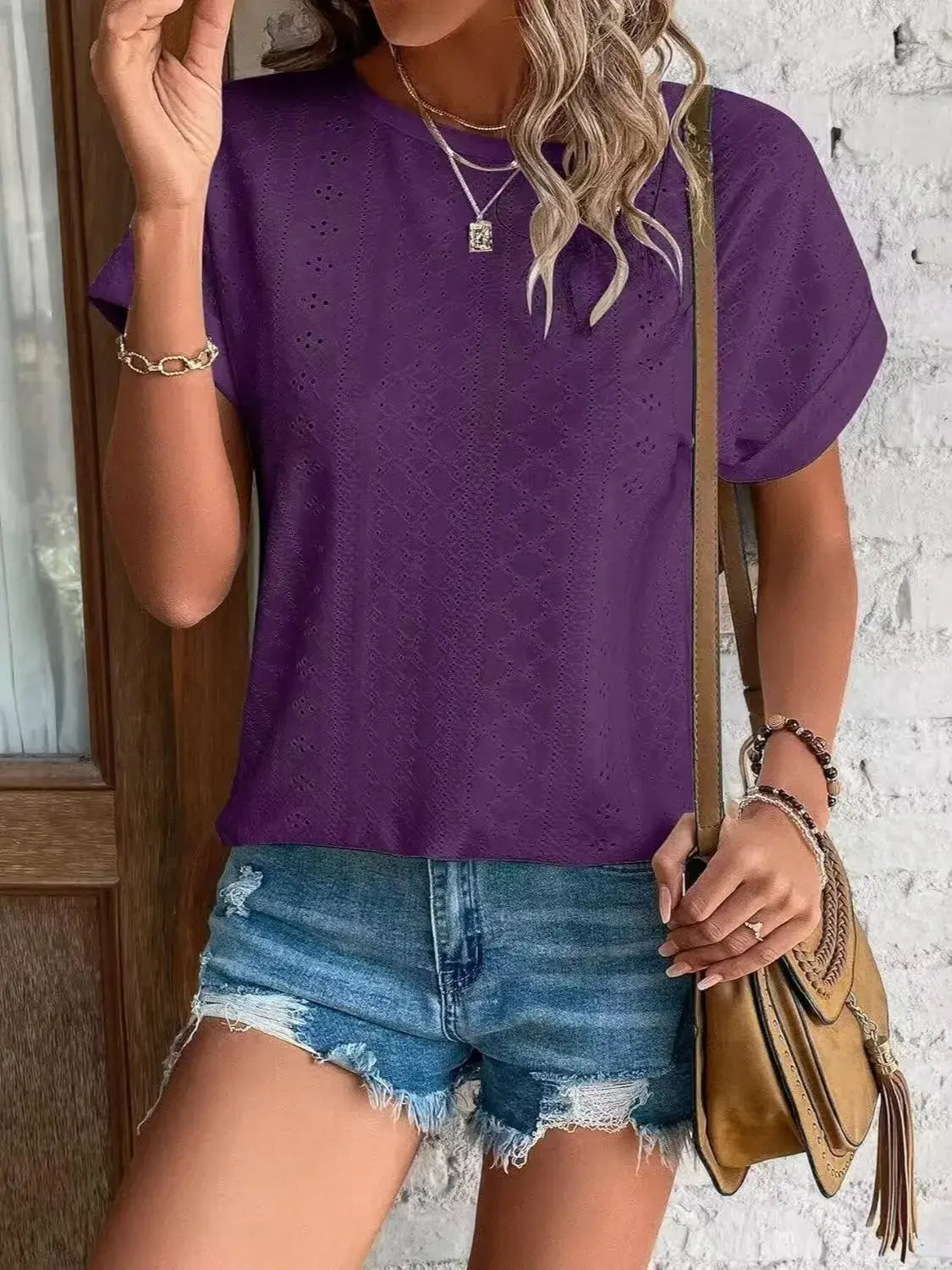 Eyelet Round Neck Short Sleeve T-Shirt - Trendsi - Flyclothing LLC