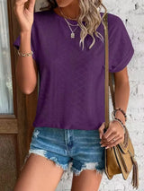 Eyelet Round Neck Short Sleeve T-Shirt - Trendsi - Flyclothing LLC