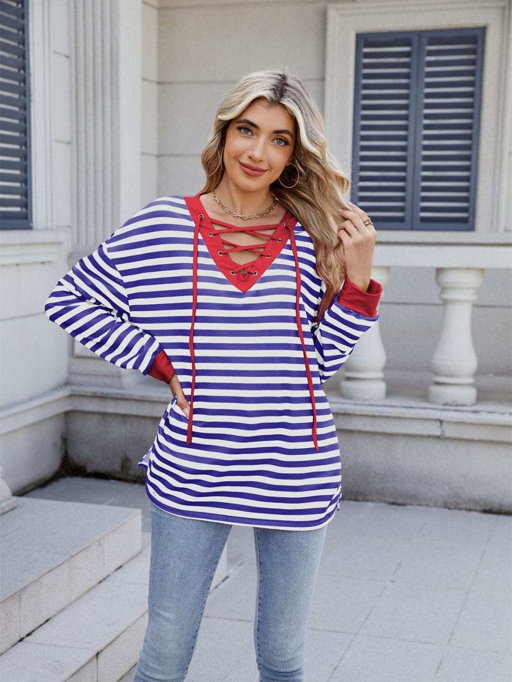 Lace-Up Striped Long Sleeve T-Shirt - Trendsi - Flyclothing LLC