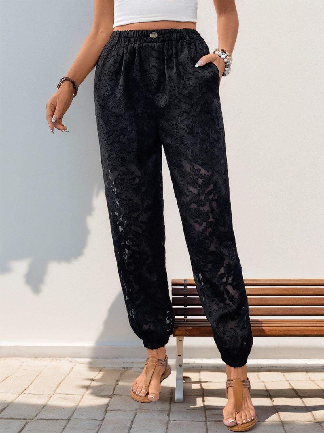 Pocketed Lace Elastic Waist Pants - Trendsi - Flyclothing LLC