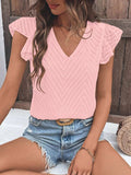 Textured V-Neck Cap Sleeve Blouse - Trendsi - Flyclothing LLC