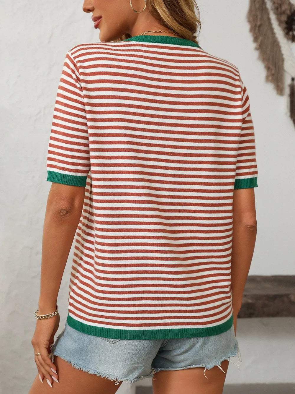 Mandy Striped Round Neck Half Sleeve Knit Top - Trendsi - Flyclothing LLC