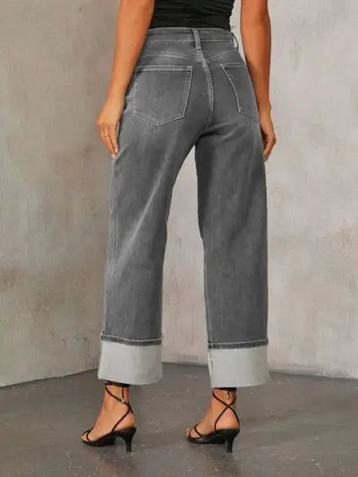 High Waisted Straight Leg Rolled Jeans - Trendsi - Flyclothing LLC